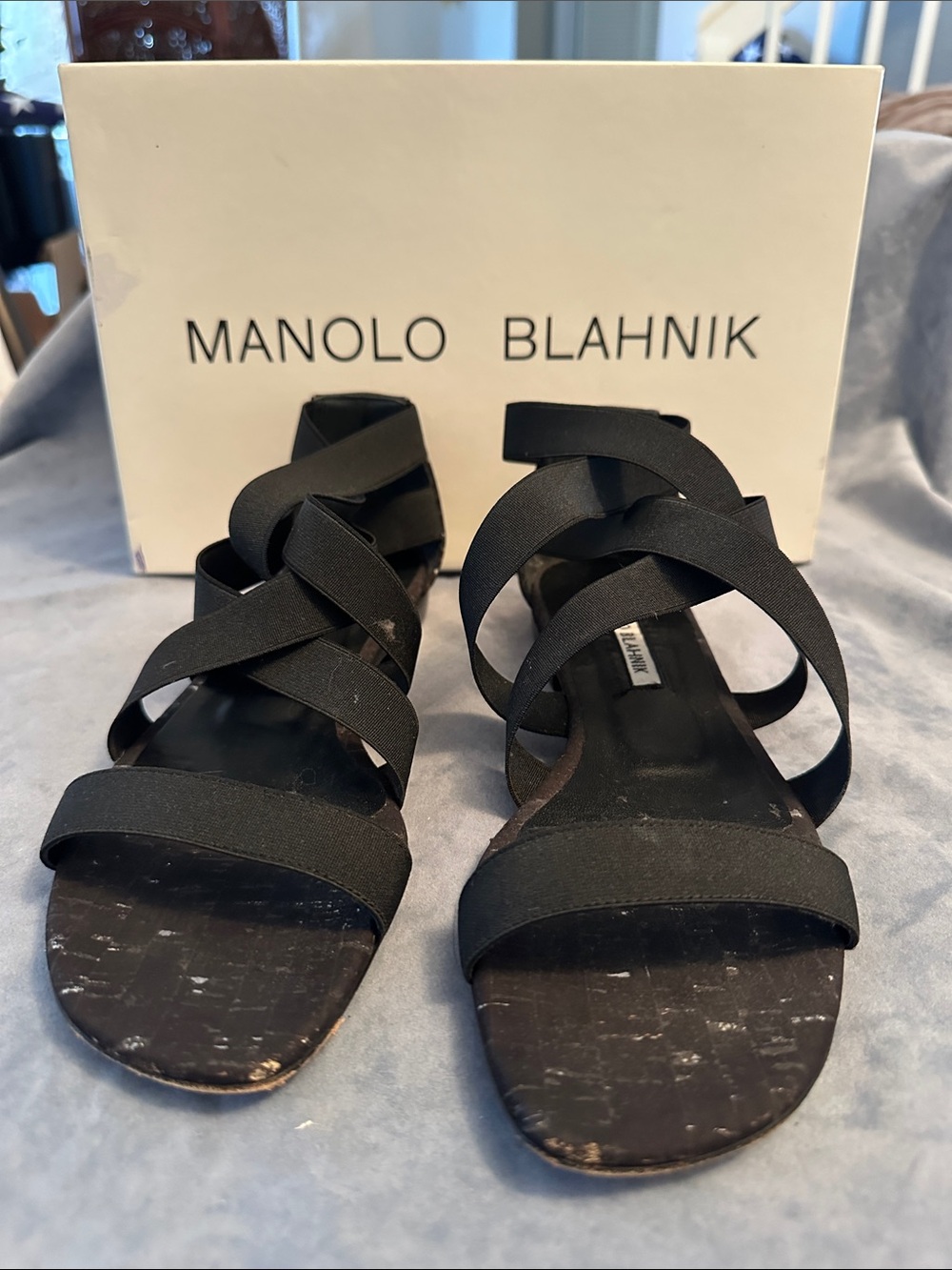 Manolo Blahnik Black Strappy Low Heel - Maxi Flat Sandals 7.5 US/37.5 EURO